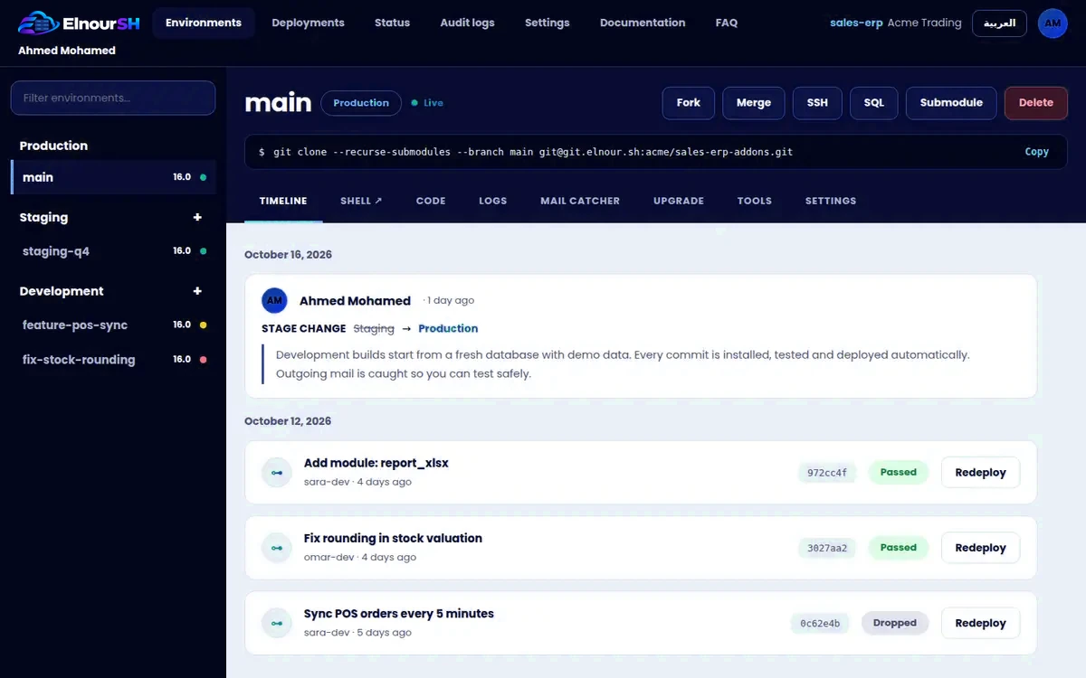 Project page with production, staging and development environments